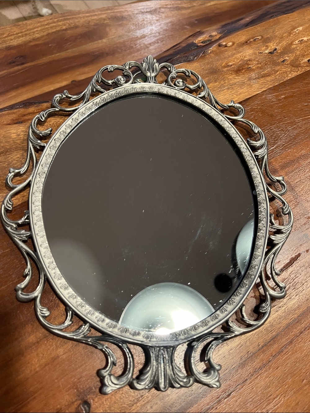 Ornate Round Wall Mirror in Antique Silver-Tone
